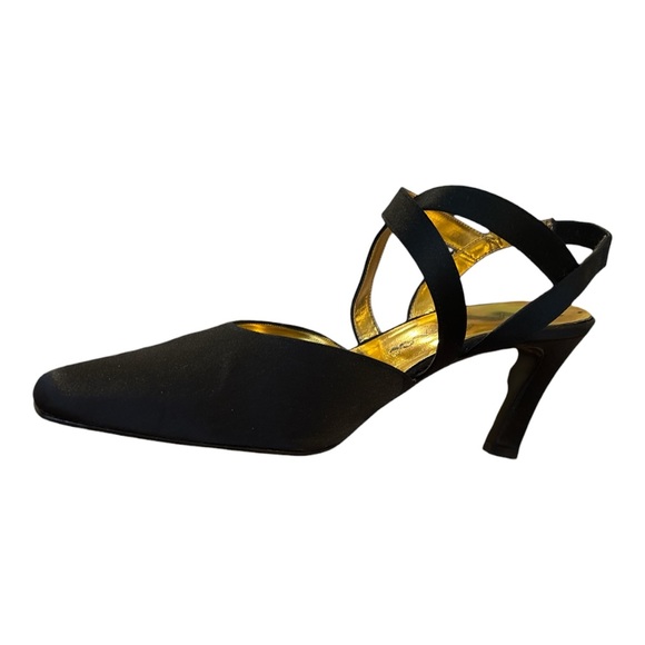 VINTAGE NINA SATIN BLACK CRISS CROSS STRAPY 3" HEELS W GOLD TONE LINED SZ 9 - Picture 3 of 6